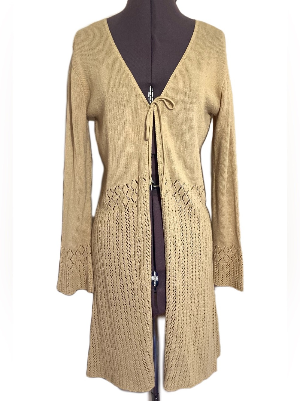 Vintage Y2K Crochet Duster Cardigan M USA Made Tie Front